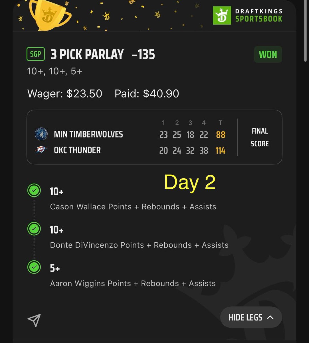 SixFigureSport3's tweet photo. Climbing the ladder one bet at a time 🪜💰 

Day 3 loading ☑️🫡

#LadderChallenge #SportsBettingX #DraftKings https://t.co/U4MsVt5P5u