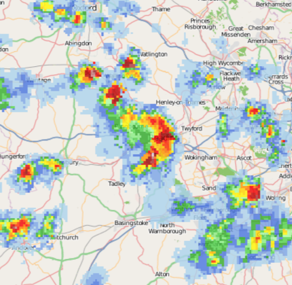 Quite a few lightning strikes from this storm that just passed over Reading - it's travelling SW and may just graze Basingstoke.