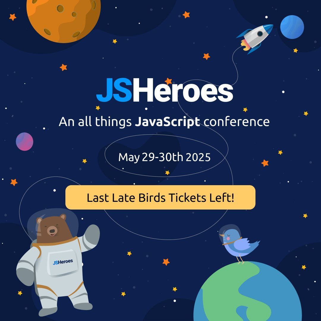 📢 Just 20 tickets left! Don't miss your chance to join us next week in Cluj for 2 days of JS insights, fun, and networking. 🔜 

⏳ Secure your spot now before they're gone! 
🎟️ ti.to/jsheroes/2025

#JSHeroes #TechConference #TechInnovation #WebDev #JavaScriptTrends
