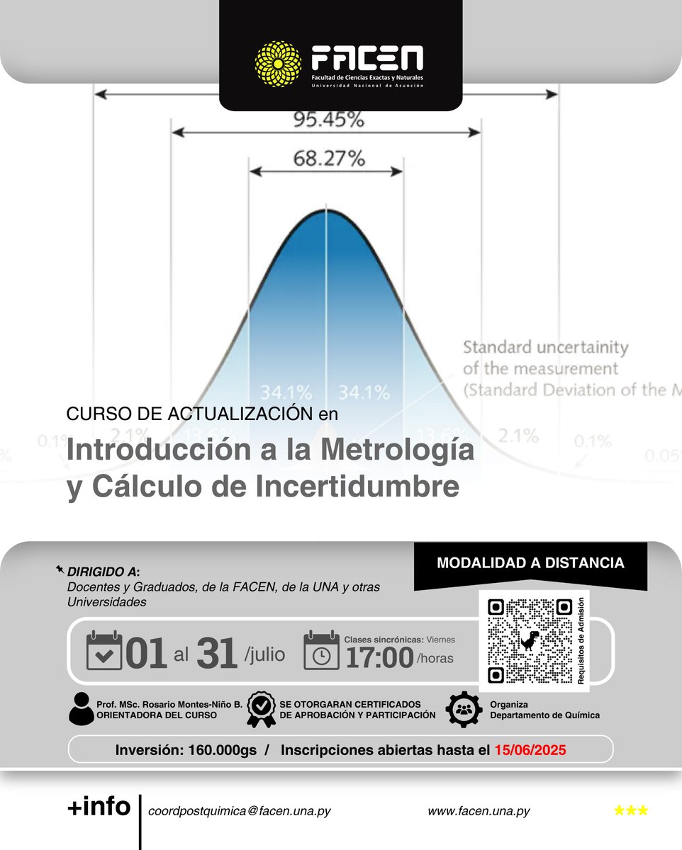 Hacemos extensiva la invitación al curso de actualización "Introducción a la Metrología y Cálculo de Incertidumbre".

📆 01 al 31 de julio
⏰ 17:00 horas
💻 Modalidad: A distancia
✉ +info: coordpostquimica@facen.una.py
🔗 Enlace de inscripción: forms.gle/kCh1SBqRPAY2Qc…
