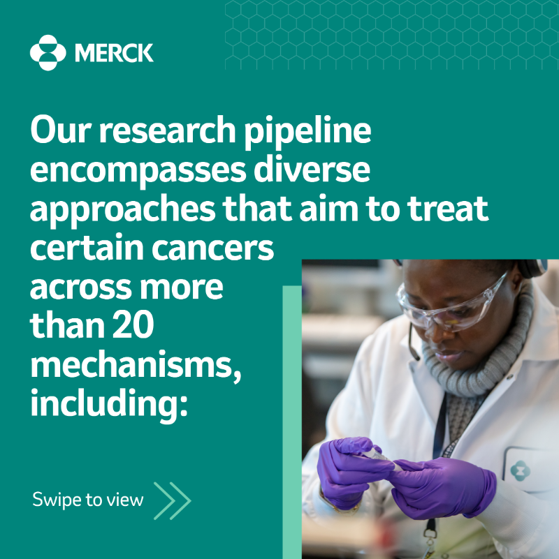 Merck's tweet photo. Swipe through to learn about how our scientists are researching different mechanisms and modalities to potentially treat cancer in innovative ways. 🧬