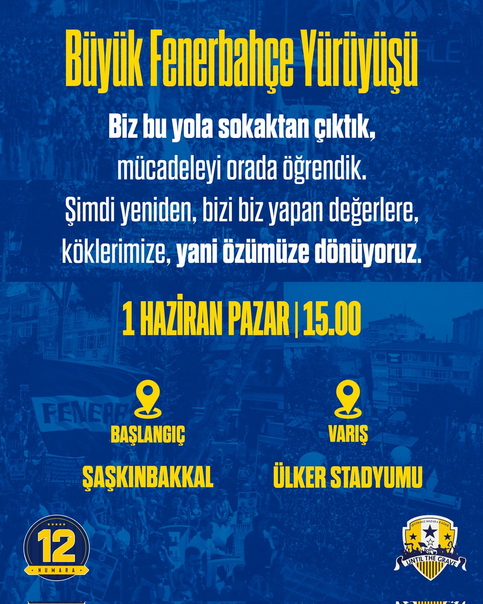 UTG - Until The Grave (@untilthegravefb) on Twitter photo BÜYÜK FENERBAHÇE TARAFTARI!
En büyük aşkımızı işgalden kurtarmak için sokaklara çıkıyoruz! 1 Haziran saat 15.00'da Şaşkınbakkal önünde buluşup,hep birlikte MABEDİMİZE YÜRÜYORUZ!
Giy formanı, al bayrağını GEL!
#BüyükFenerbahceYürüyüsü BÜYÜK FENERBAHÇE TARAFTARI!
En büyük aşkımızı işgalden kurtarmak için sokaklara çıkıyoruz! 1 Haziran saat 15.00'da Şaşkınbakkal önünde buluşup,hep birlikte MABEDİMİZE YÜRÜYORUZ!
Giy formanı, al bayrağını GEL!
#BüyükFenerbahceYürüyüsü