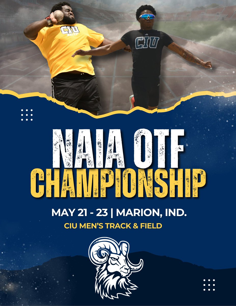 CIU Rams Athletics (@ciurams) on Twitter photo 🏅MEET WEEK🏅
<a href="/CIURAMSXCTF/">CIU XC and Track & Field</a> heads to the NAIA OTF Championships in Marion, Ind. Elijah Seawright will compete in the triple jump while Deandre Leith will battle in the discus and look to defend his national title in the shot put.
Meet Coverage: bit.ly/3H6qdew 🏅MEET WEEK🏅
<a href="/CIURAMSXCTF/">CIU XC and Track & Field</a> heads to the NAIA OTF Championships in Marion, Ind. Elijah Seawright will compete in the triple jump while Deandre Leith will battle in the discus and look to defend his national title in the shot put.
Meet Coverage: bit.ly/3H6qdew