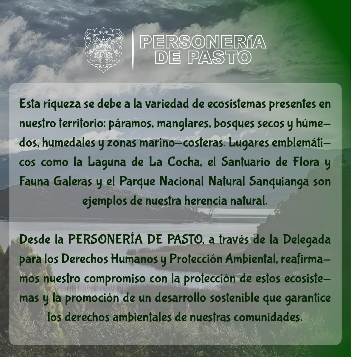 🌱 Día Internacional de la Diversidad Biológica 🌎
Desde la Personería de Pasto, a través de nuestra Delegada para los Derechos Humanos y Protección Ambiental, reafirmamos nuestro compromiso con la defensa del patrimonio natural y el bienestar de nuestras comunidades.