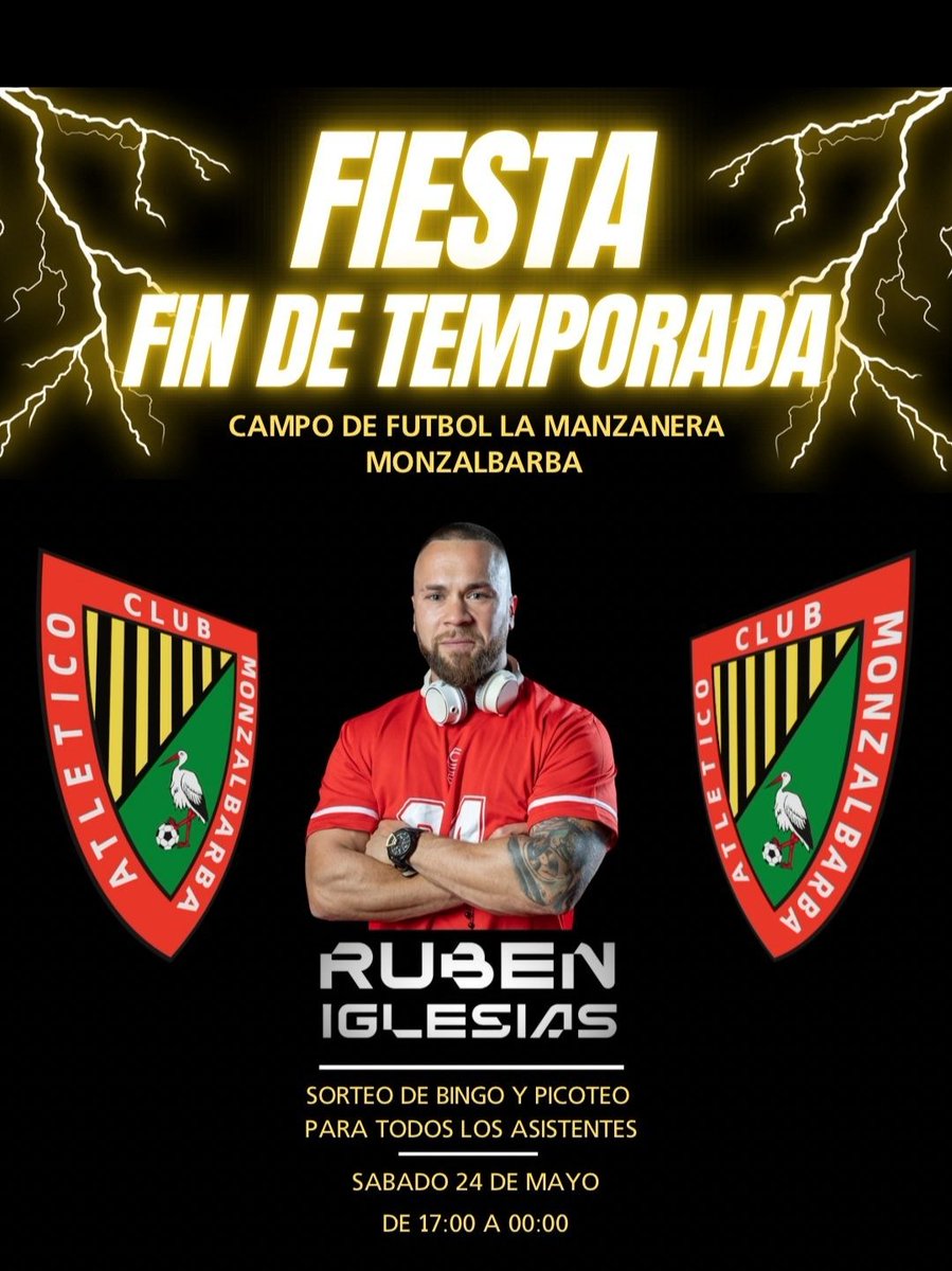 ESTE SÁBADO DESPEDIDOS LA TEMPORADA CON @ruben_iglesias_dj EN LA MANZANERA FIESTA Y MULTIPLES SORTEOS...¡¡OS ESPERAMOS!! ¡¡ AÚPA MONZAL Y NADA MÁS !! 🤟⚽️🖤💛🐝💯🥳