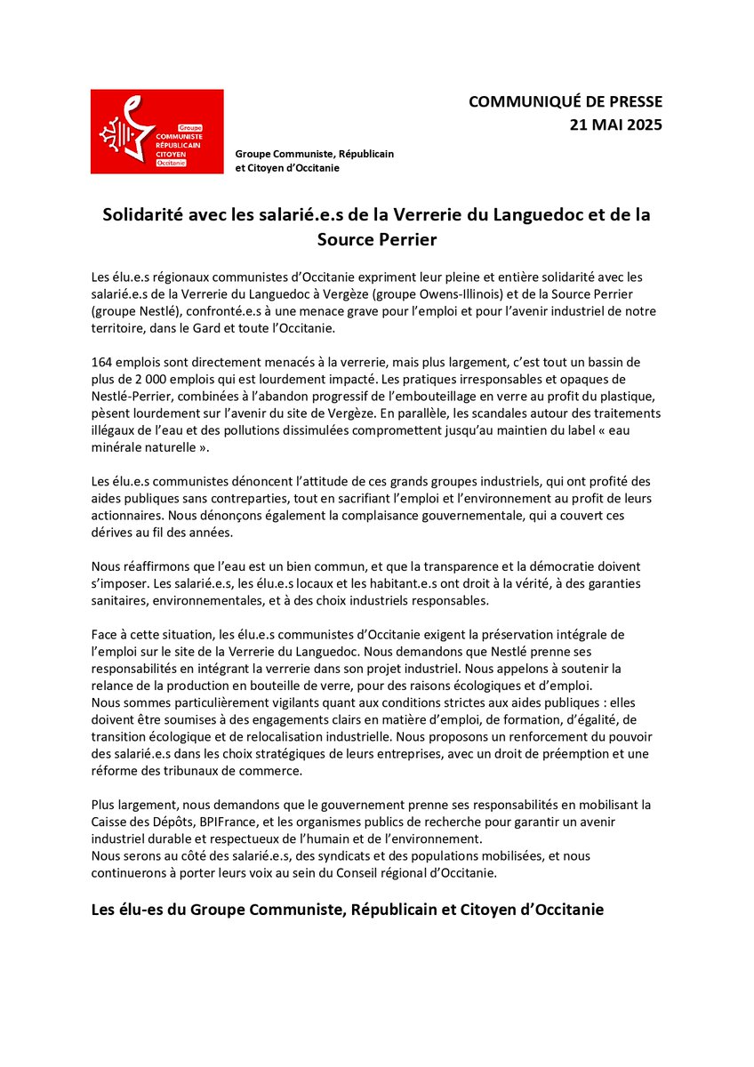 🚨 Menace sur l’emploi à la Verrerie du Languedoc et à la Source Perrier : les élu·es communistes d’Occitanie sont aux côtés des salarié·es.

🏭 L’emploi, l’écologie et la transparence doivent primer sur les profits.

📎 Le communiqué  à lire

#Vergèze #Perrier