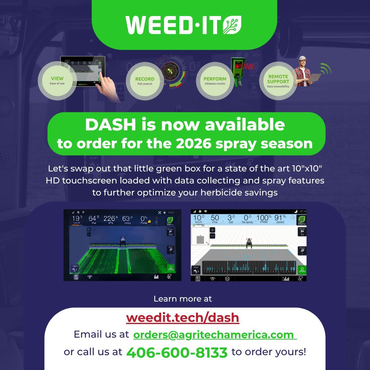 Exciting news! 🚨The WEED-IT Dash is now available to order for the 2026 spray season! 

Swap out that little green box for a state of the art 10'x10x HD touchscreen that's loaded with data collecting and spray features to further optimize your herbicide savings!

👉👉 Available
