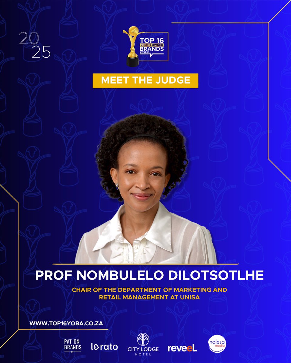 Meet Prof Nombulelo Dilotsotlhe, our #Top16YOBAs judge! Associate Professor &amp; Chair of Marketing &amp; Retail Management at UNISA. She had 12+ years in financial services &amp; 10+ years in academia. Passionate about teaching, research &amp; mentorship #MeetTheJudges