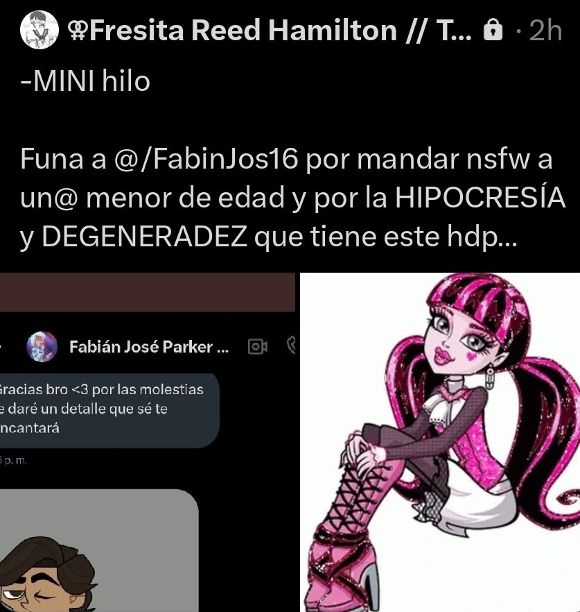 🧵 Hola, como algunos saben, el lunes fresita hizo un hilo exponiendo a fabian, pero en lo único que voy a hablar sobre ese hilo es la parte de que fabian mando nsfw a un menor. lastimosamente el menor afectado resultó ser yo y quiero dar más contexto (1/?)