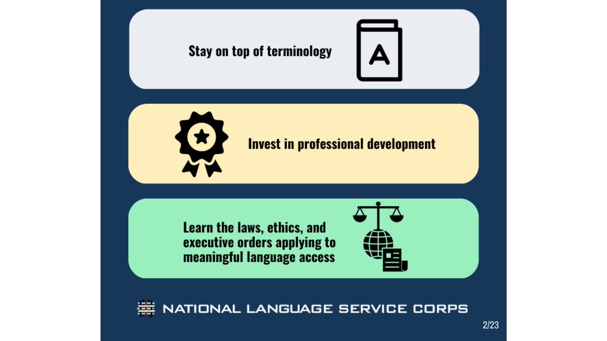 Preparing for an #interpreting assignment? Explore pointers from other #interpreters who have supported the Federal Government to meet national security needs. Start by reading our infographic of NLSC member tips for #interpretation support!