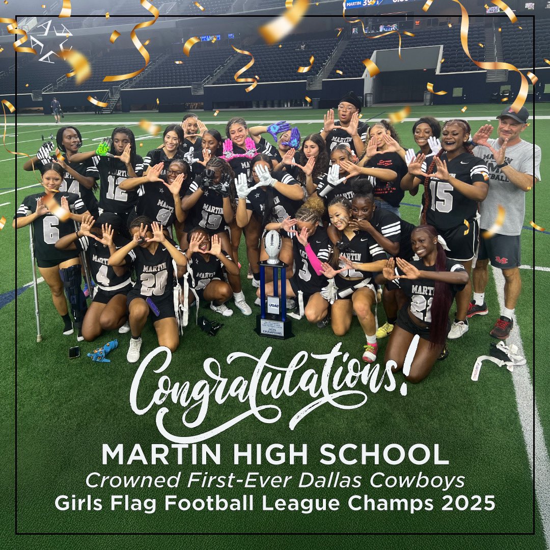 Arlington ISD (@arlingtonisd) on Twitter photo Way to make herstory, <a href="/MartinHigh/">Martin High School</a> girls flag footfall team! Congratulations to the FIRST-EVER crowned Dallas Cowboys Girls Flag Football League Champions. 🏈 🏆 #FlagFootball #2025Champions #DallasCowboys #MartinHigh #GirlsAthletics #HighSchoolAthletics Way to make herstory, <a href="/MartinHigh/">Martin High School</a> girls flag footfall team! Congratulations to the FIRST-EVER crowned Dallas Cowboys Girls Flag Football League Champions. 🏈 🏆 #FlagFootball #2025Champions #DallasCowboys #MartinHigh #GirlsAthletics #HighSchoolAthletics