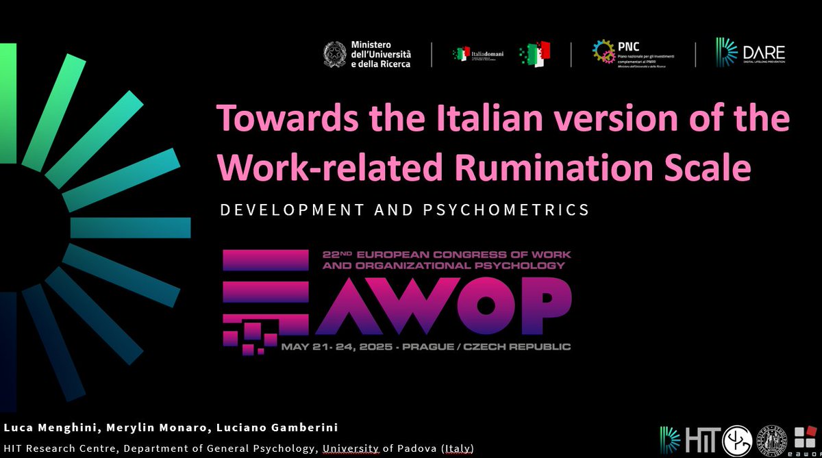 LuMenPsy's tweet image. On my way to #Prague for the @EAWOP #EAWOP2025 conference! Here&apos;s where &amp;amp; when you can find me:
Thu 22, 15:30, C2
#Workaholism symposium
Fry 23, 10:15, G7
#OpenScience symposium
Fry 23, 17:30, C3
Italian #WorkRelatedRumination Scale