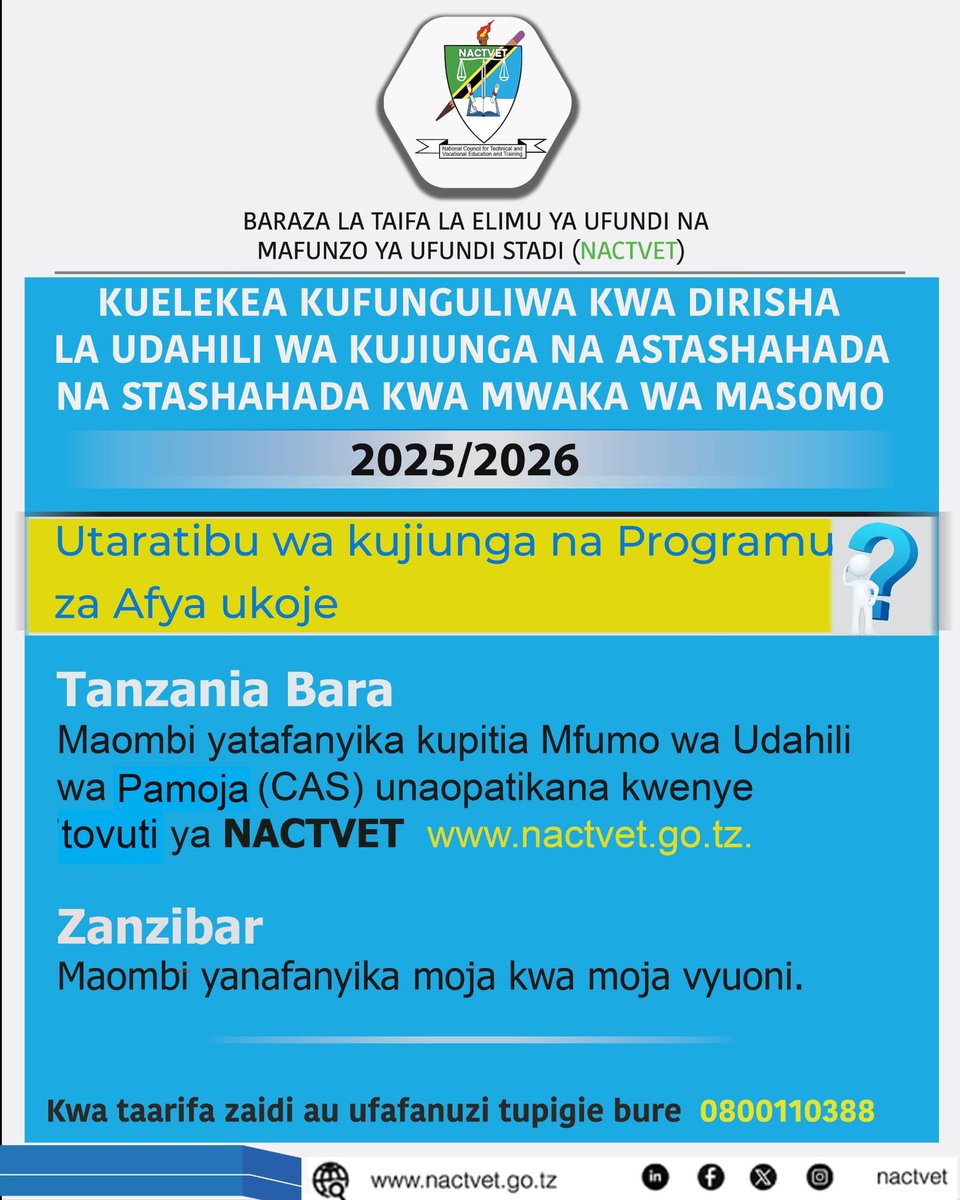 nactvetZ's tweet photo. Dirisha la Udahili kwa ngazi ya Astashahada na Stashahada litafunguliwa tarehe 28 Mei,2025 @wizara_elimuTz https://t.co/GIu6gorl87