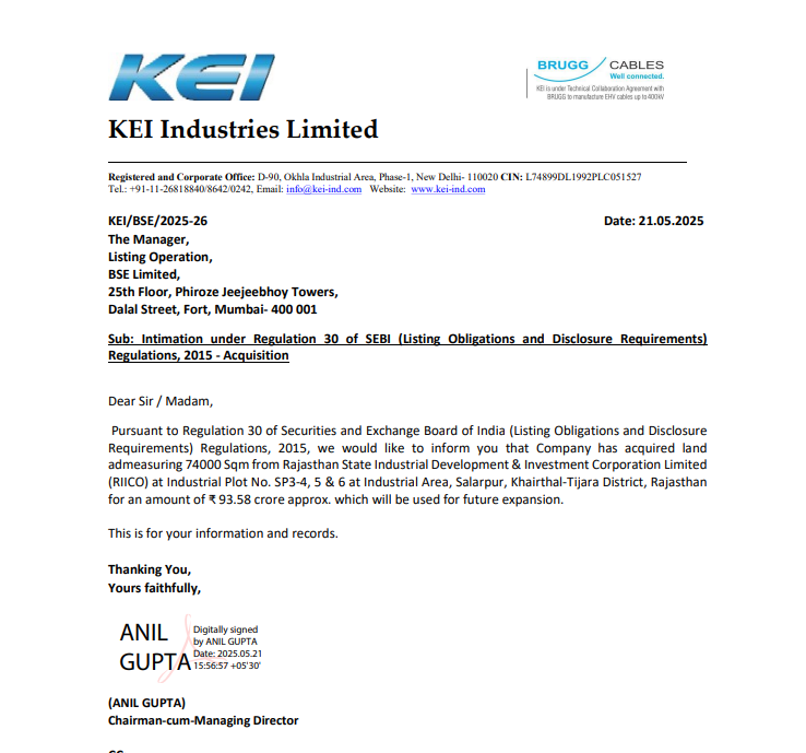 ravibhaumiriya's tweet photo. #KEI Land Acquisition for future expansion
#OMINFRAL #JINDRILL #UTKARSHSFB #KRYSTAL #INOXWIND #SWSOLAR #GRAUWEIL #IDEA #VODAIDEA #SPICEJET #NYKAA #KPIGREEN #CDSL #BDL #MCX #BEML #CAMS #SUZLON #OLAELEC #BSE #SWIGGY #YESBANK #POLYCAB #KEIL #EPACK #BHEL #JSWENERGY #ETERNAL #GODREJCP #HAVELLS #DABUR #NESTLEIND #TATASTEEL #ASHOKLEY #ASTRAL #ATUL #BALKRISIND #BALRAMCHIN #ORIENTELEC #HINDCOPPER #HINDPETRO #HUDCO #KEI #RRKABEL
Company has acquired land admeasuring 74000 Sqm from Rajasthan State Industrial Development & Investment Corporation Limited (RIICO) at Industrial Plot No. SP3-4, 5 & 6 at Industrial Area, Salarpur, Khairthal-Tijara District, Rajasthan for an amount of ₹ 93.58 crore approx. which will be used for future expansion.