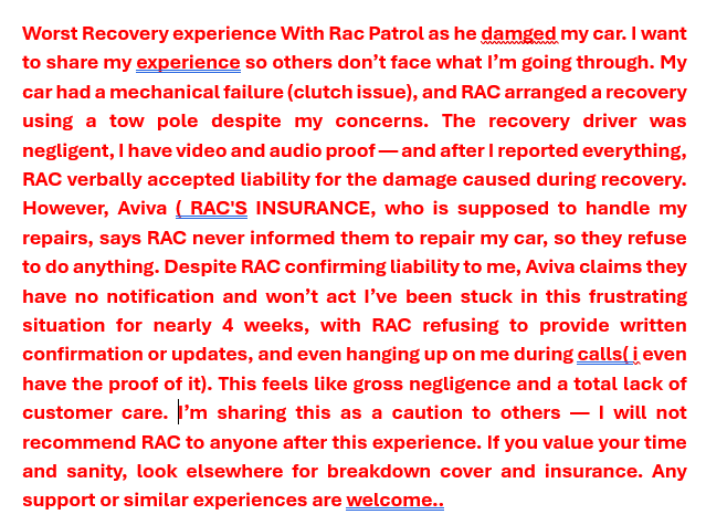 Mohithmoha26166's tweet photo. #raceacrosstheworld @TheRAC_UK #Trending  #legalornot  Worst Recovery experience  I want to share my experience so others don’t face what I’m going through. My car had a mechanical failure (clutch issue), and RAC arranged a recovery using a tow pole despite my concerns. https://t.co/VrAJpiXSsT