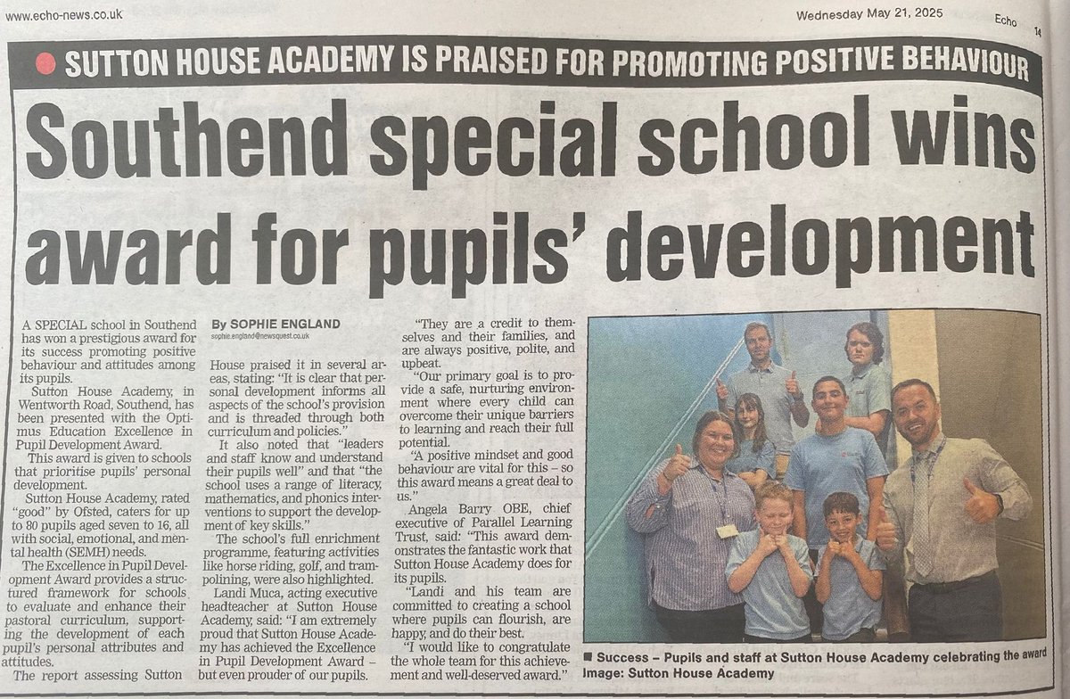 _SuttonHouse_'s tweet photo. ⭐ Sutton House has had the pleasure of being in the Southend Echo today for our amazing Educational Excellence in Pupil Development Award! Remember to pick up a copy or read it here! ⭐
#EPDA #Suttonhouse #hardwork https://t.co/Al1lbOfrkH