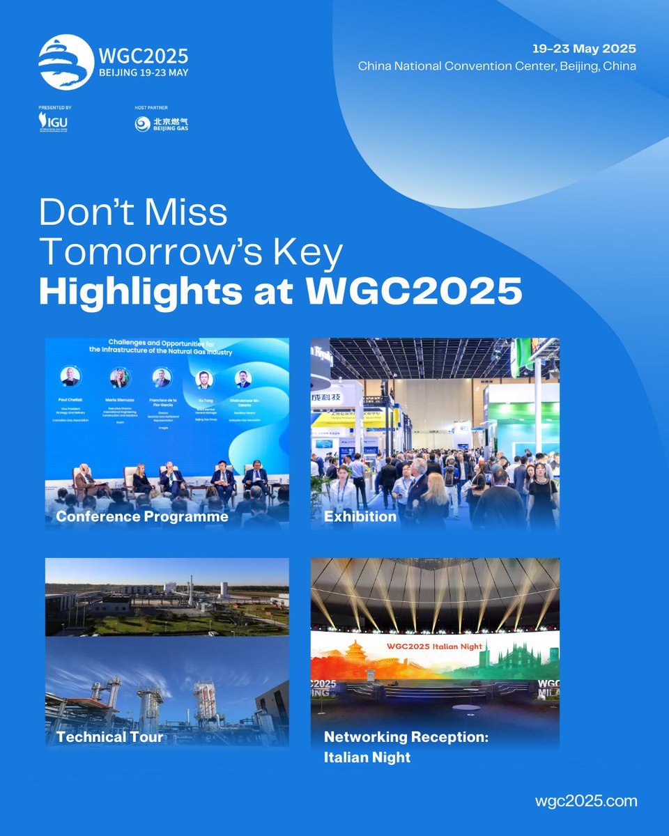 Get ready for the final full day at #WGC2025. 

Plenary Sessions, Current Debates, Technical Sessions, networking, the Women’s Luncheon, and the Networking Reception: Italian Night all await. Don’t miss it tomorrow.

#EnergyTransition #LNG #WomenInEnergy