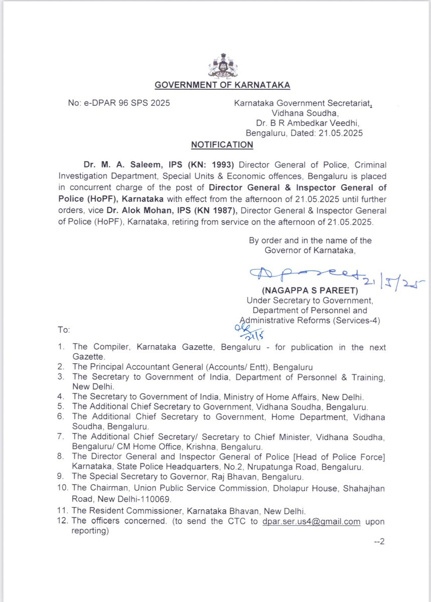 TOI Bengaluru (@toibengaluru) on Twitter photo IPS officer M A Saleem is the DG & IGP of Karnataka.
Official order 👇 IPS officer M A Saleem is the DG & IGP of Karnataka.
Official order 👇