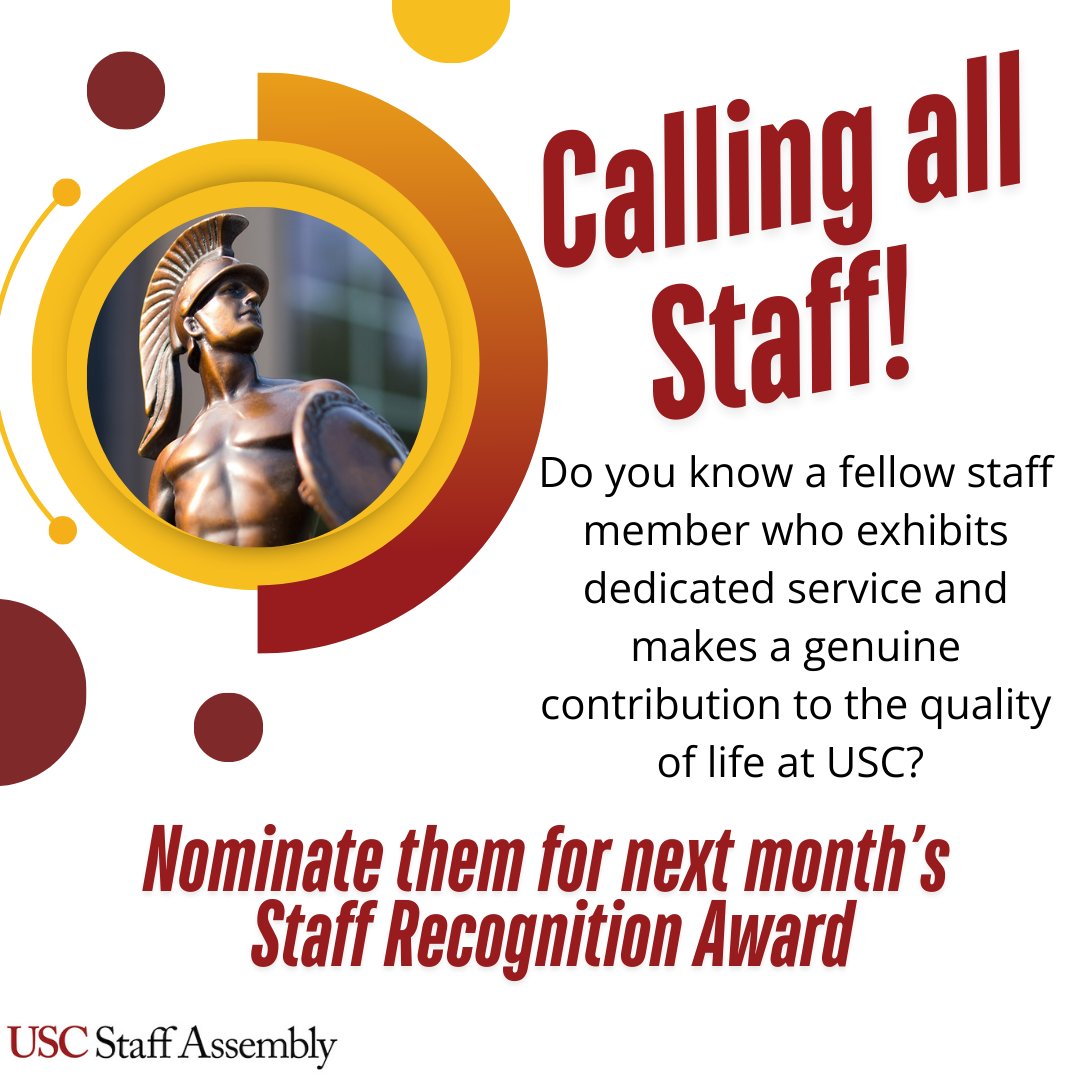USC_SA's tweet photo. There is nothing better than being recognized for your hard work and dedication. Take a moment to nominate a colleague who goes above and beyond and let them know how much you value them! #USCStaffAssembly https://t.co/do1HXIxqus