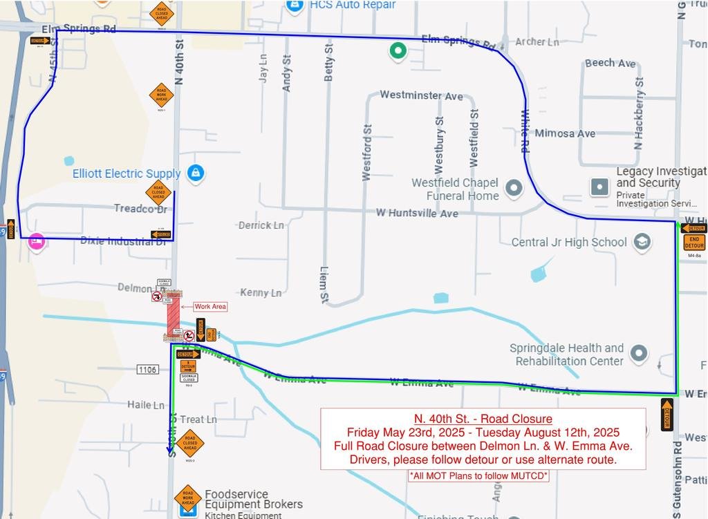 Detour Alert -  May 23rd  through August 12th, N. 40th will be closed at Brush Creek, near Delmon Lane and West Emma Avenue, for bridge construction and repair.  Please see graphic for detour route.