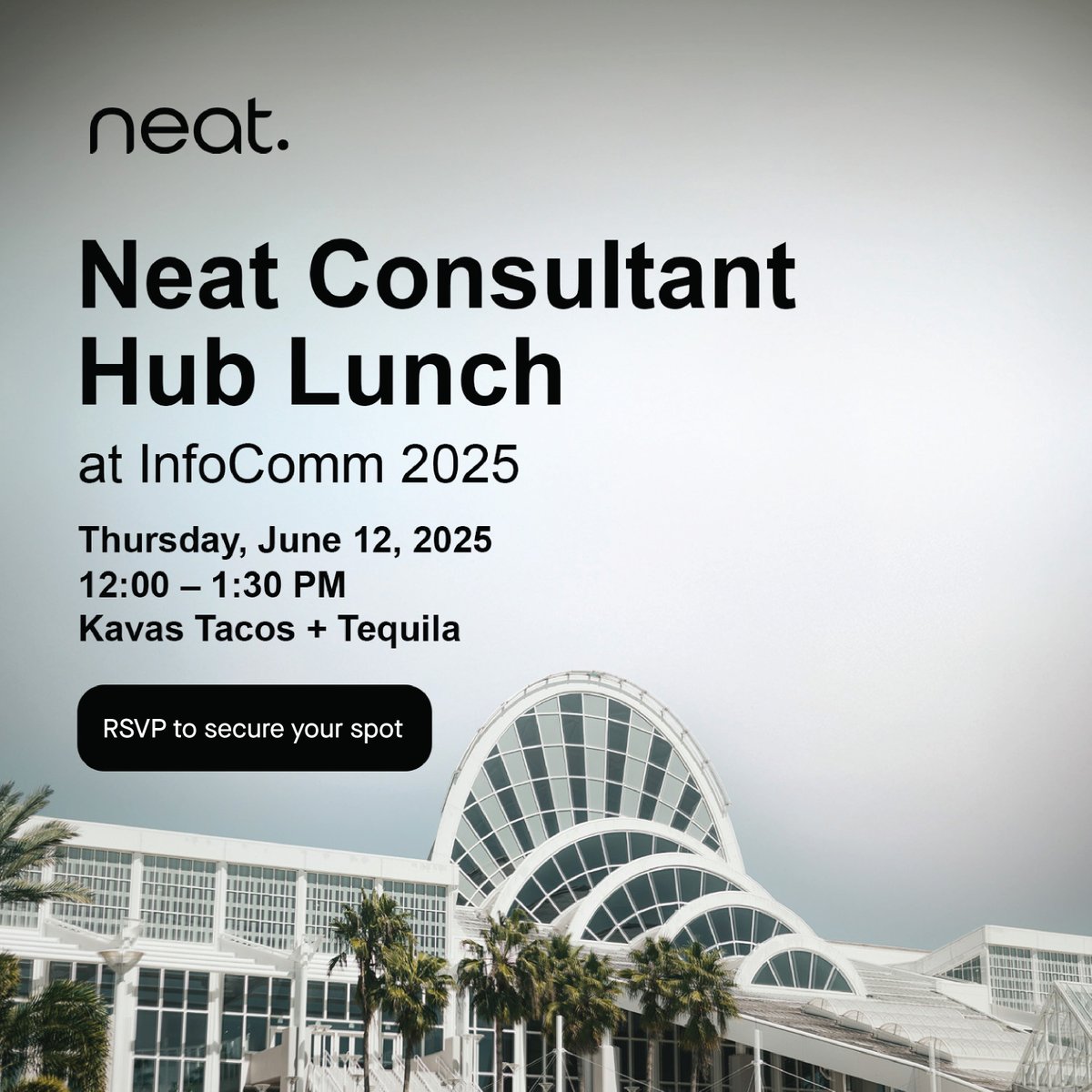 We’re excited to invite our Consultant Hub members to join us for lunch at Kavas Tacos + Tequila during InfoComm 2025! 

Connect with Neat’s leadership team, explore industry trends, and share insights on the future of collaboration in a relaxed setting.

👉 RSVP here: