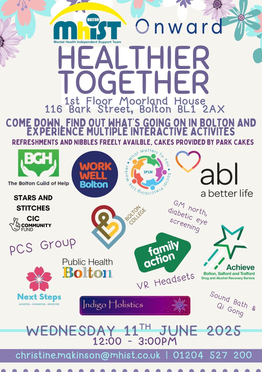 MhIST1's tweet photo. Join us at Healthier Together – a free wellbeing event in Bolton!

🗓 11th June | 🕛 12–3PM
📍 Moorland House, 116 Bark St, Bolton

🌿 Enjoy Sound Baths, Qi Gong, crafts &amp; more
🍰 Free nibbles &amp; cakes
👥 Meet local services &amp; explore support

Info: christine.makinson@mhist.co.uk https://t.co/T38ixyuvFo
