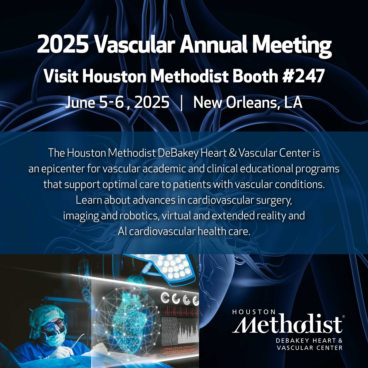 DeBakey CV Education - World Class CV Training (@debakeycvedu) on Twitter photo Join us at the Houston Methodist exhibit booth #247 during the VAM Conference on June 5-6, 2025, in the heart of New Orleans, Louisiana. See you there! <a href="/AlanLumsdenMD/">Alan Lumsden, MD, CV Chairman/Director</a> #VAM2025 #DeBakeyCVEducation #HoustonMethodist Join us at the Houston Methodist exhibit booth #247 during the VAM Conference on June 5-6, 2025, in the heart of New Orleans, Louisiana. See you there! <a href="/AlanLumsdenMD/">Alan Lumsden, MD, CV Chairman/Director</a> #VAM2025 #DeBakeyCVEducation #HoustonMethodist
