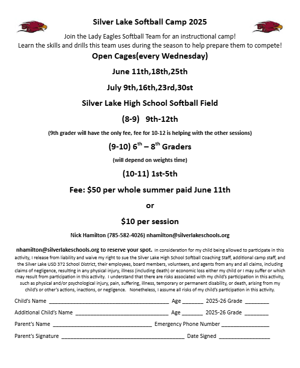 📣Calling all youth softball players: Softball camp is coming up!  Mark your calendar and get registered today! #SLEagles 🥎🥎