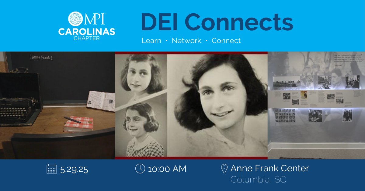 DEI Connects: Anne Frank Center Tour
📅 Thursday, May 29 • 10:00 AM
📍Anne Frank Center

Only $10 – Add to your registration now!
Spots limited to 15 per tour—confirm early!
Register at mpi.org/chapters/carol…