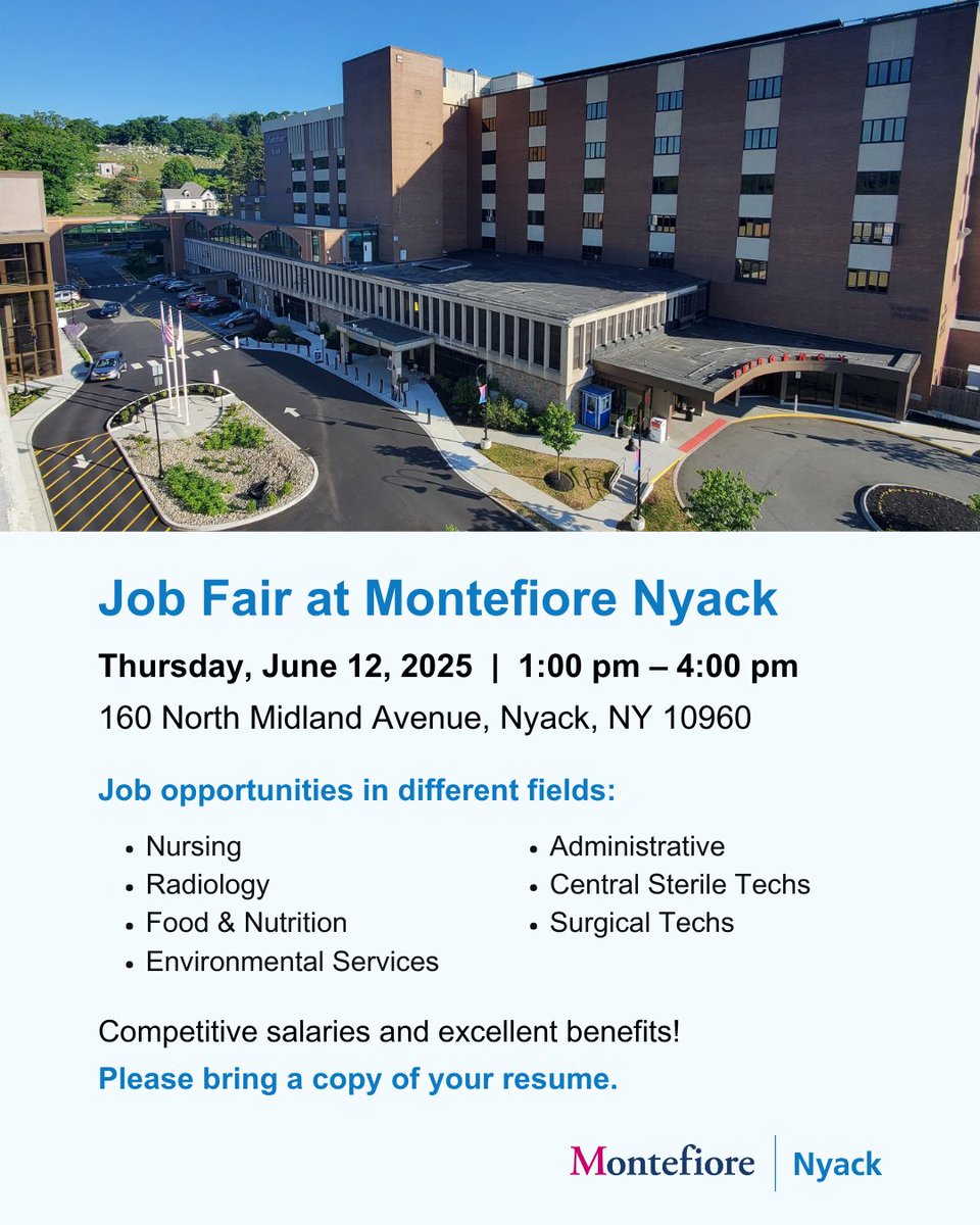 Join us on Thursday, June 12th, from 1-4 PM for our job fair! We strongly encourage job seekers to bring their resume. To explore career opportunities at Montefiore Nyack Hospital, visit montefiorenyack.org/careers.
