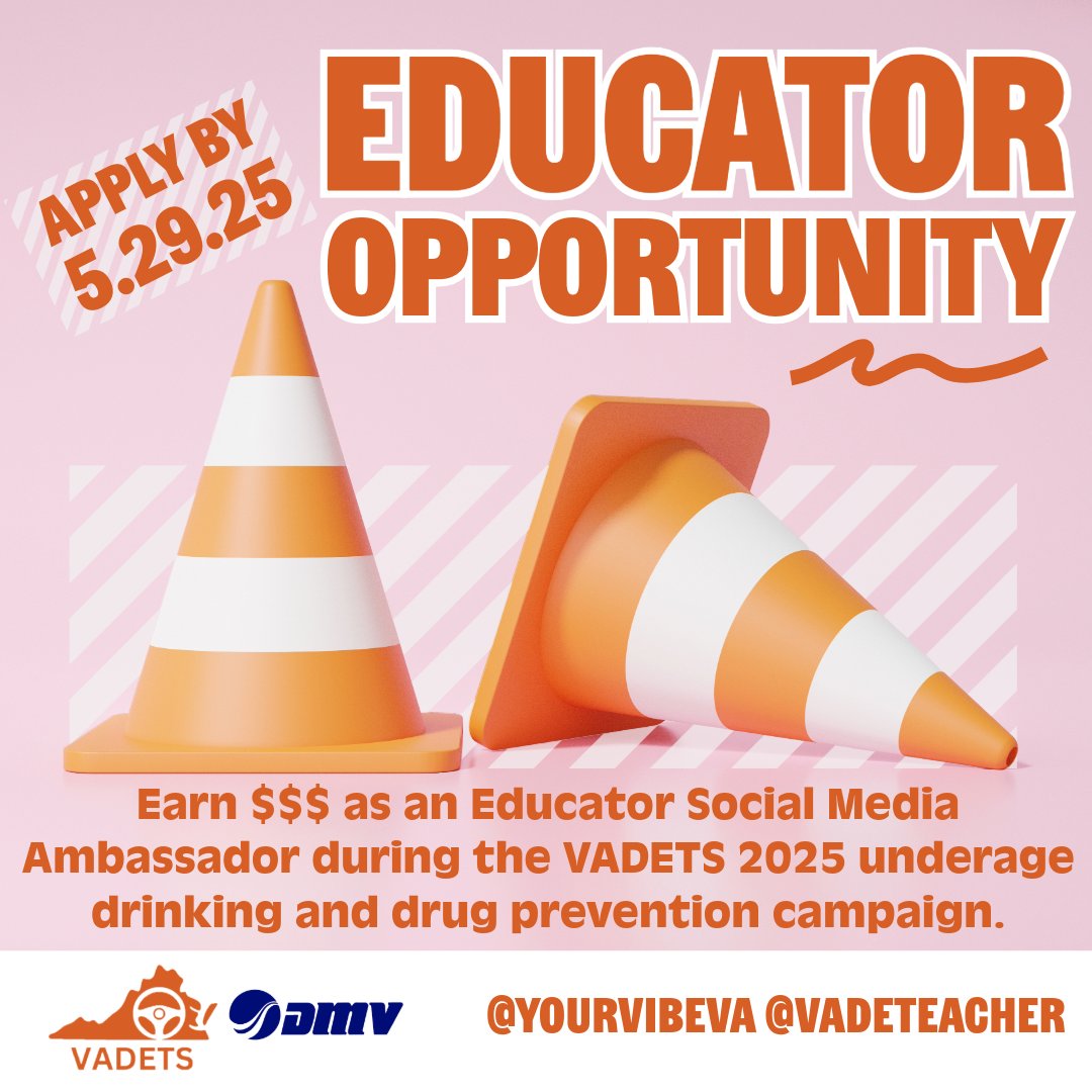 Educator Opportunity!!!
Earn $$$ as an Educator Ambassador during our VADETS 2025 underage drinking and drug prevention campaign.
Sign-up by 5/292/25!
Apply Here ➡️bit.ly/3GT7N0F