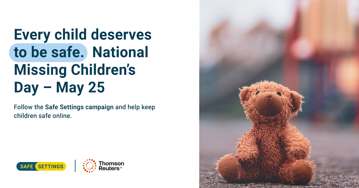 Thomson Reuters (@thomsonreuters) on Twitter photo Our Thomson Reuters Safe Settings campaign is dedicated to helping to keep children safe online. We’re proud to partner with the National Center for Missing & Exploited Children (<a href="/NCMEC/">National Center for Missing & Exploited Children</a>) on National Missing Children’s Day, and every day, providing essential expertise to support Our Thomson Reuters Safe Settings campaign is dedicated to helping to keep children safe online. We’re proud to partner with the National Center for Missing & Exploited Children (<a href="/NCMEC/">National Center for Missing & Exploited Children</a>) on National Missing Children’s Day, and every day, providing essential expertise to support