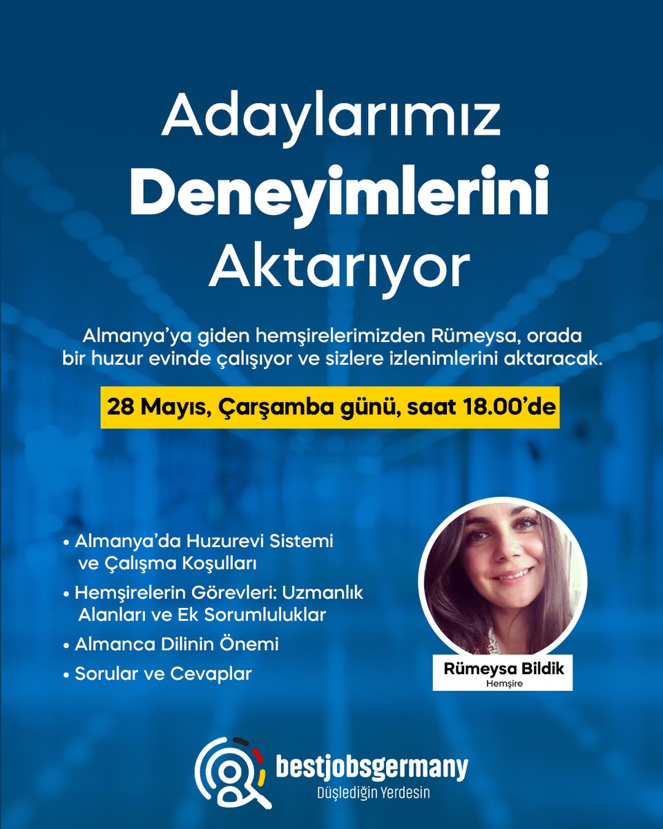 BestJobsGermany's tweet photo. Adaylarımız Deneyimlerini Aktarıyor
Almanya’ya giden hemşirelerimizden Rümeysa, orada bir huzur evinde çalışıyor ve 28 Mayıs, Çarşamba günü saat 18.00’de sizlere izlenimlerini aktaracak.
#sağlık #almanya #almanyadaçalışmak #almanyahakkında #almanyadenklik #atama #atanamayanlar https://t.co/ac58bJEqgg