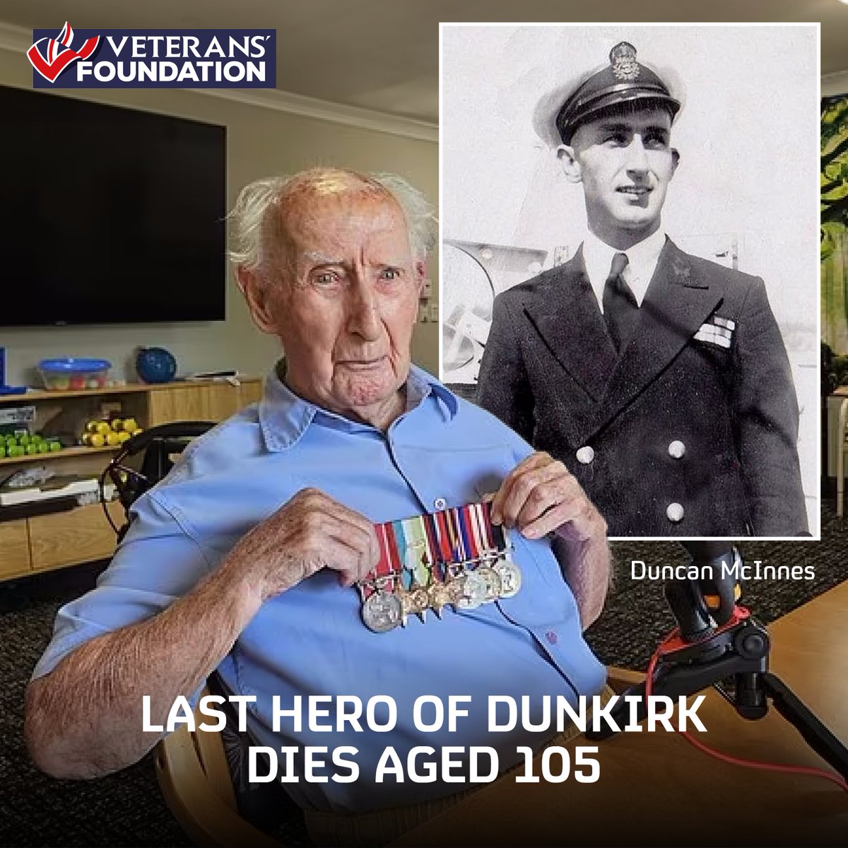 Duncan McInnes, aged 105, the last known survivor of the Dunkirk evacuation, has passed away. 🕊️

A Royal Navy telegraphist aboard HMS Saladin, he braved enemy fire on seven rescue missions in 1940. His courage helped save hundreds. Lest we forget. ❤️

Source: Daily Mail