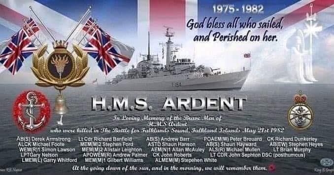 Today I pause and remember the 22 brave Royal Navy  sailors still on patrol in San Carlos water. Lost 43 years ago during Op Corporate to reclaim the falklands Never forget those that survived and live with the memories every day HMS ARDENT 🇬🇧🏴󠁧󠁢󠁥󠁮󠁧󠁿