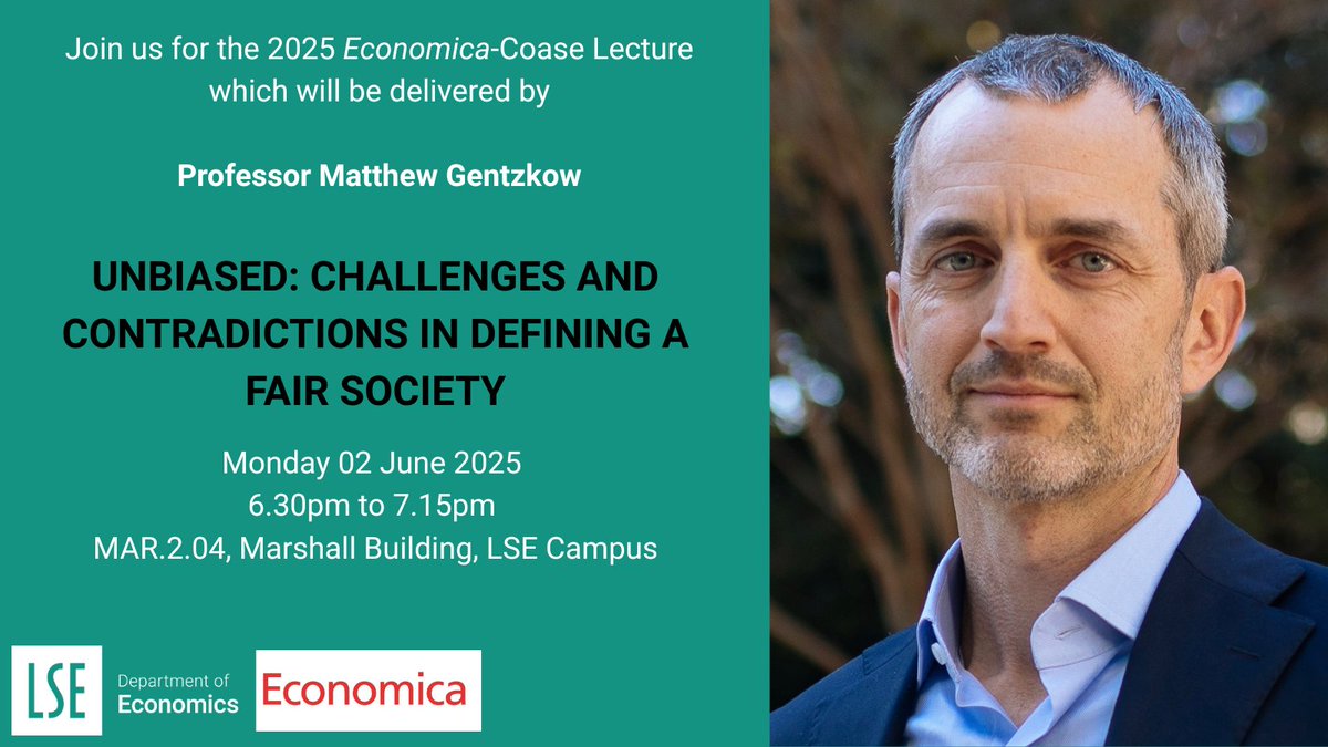 Join us for the 2025 Economica-Coase Lecture which will be delivered by  Professor Matthew Gentzkow. 
Find out more:  lse.ac.uk/economics/abou…