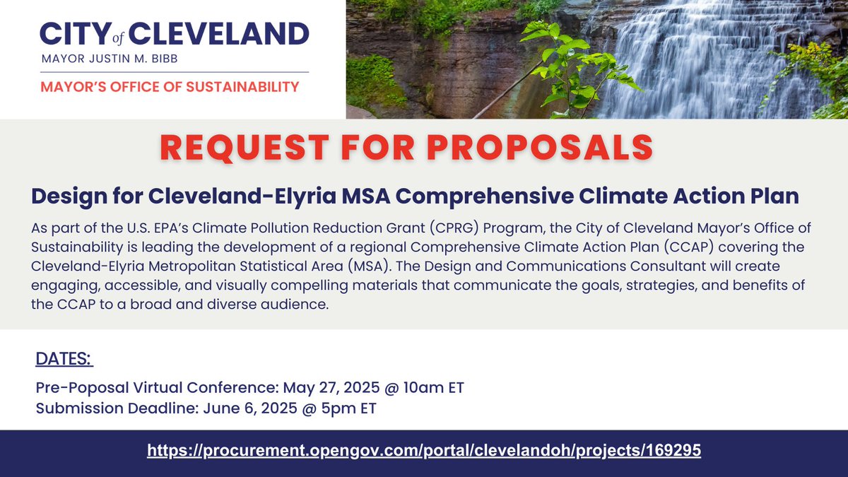 Seeking a Design &amp; Communications Consultant to help design and develop communications for the Cleveland-Elyria MSA regional Comprehensive Climate Action Plan.

📅 Pre-proposal: May 27 @ 10am ET
🕔 Deadline: June 6 @ 5pm ET
🔗 procurement.opengov.com/portal/clevela…