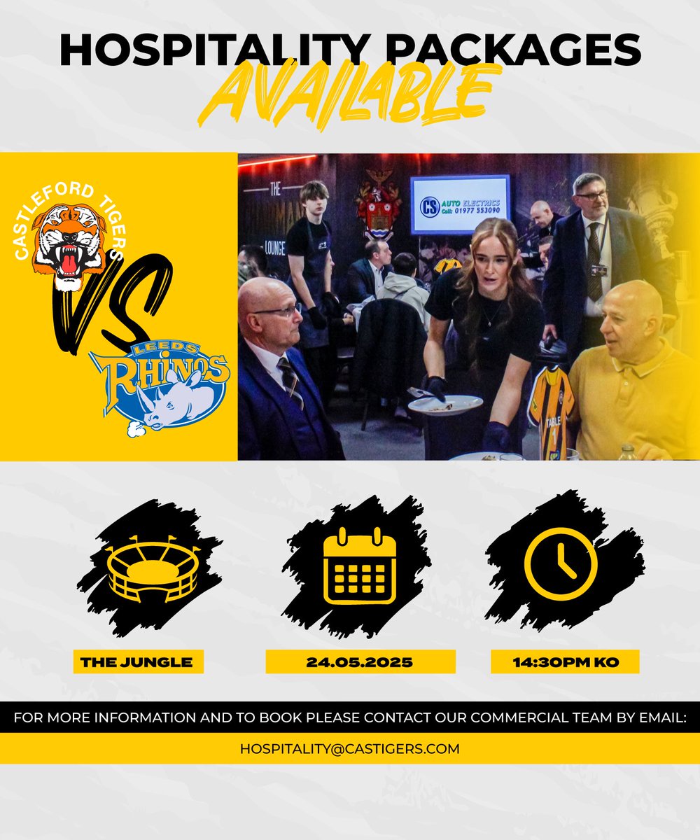 Castleford Tigers (@ctrlfc) on Twitter photo Due to late cancellation we now have tickets available for hospitality in the Chairmans Lounge.
Β£95+ Vat Per Person
Contact: Hospitality@castigers.com Due to late cancellation we now have tickets available for hospitality in the Chairmans Lounge.
Β£95+ Vat Per Person
Contact: Hospitality@castigers.com