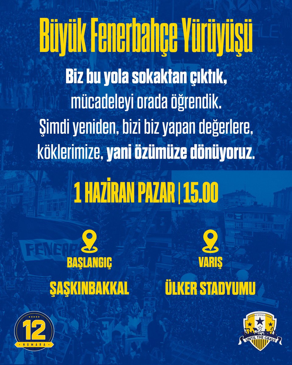 Egehan Erkün (@egehanerkun) on Twitter photo 12 Numara (<a href="/12numaraorg/">12 Numara 🇹🇷</a>) ve Until The Grave (<a href="/UntilTheGraveFB/">UTG - Until The Grave</a>) taraftar grubununun ortak bir şekilde düzenleyeceği “Büyük Fenerbahçe Yürüyüşü”nün tarihi belli oldu.
Yürüyüş 1 Haziran Pazar günü Şaşkınbakkal’da başlayacak ve Şükrü Saraçoğlu Stadyumu’nda son bulacak. 12 Numara (<a href="/12numaraorg/">12 Numara 🇹🇷</a>) ve Until The Grave (<a href="/UntilTheGraveFB/">UTG - Until The Grave</a>) taraftar grubununun ortak bir şekilde düzenleyeceği “Büyük Fenerbahçe Yürüyüşü”nün tarihi belli oldu.
Yürüyüş 1 Haziran Pazar günü Şaşkınbakkal’da başlayacak ve Şükrü Saraçoğlu Stadyumu’nda son bulacak.