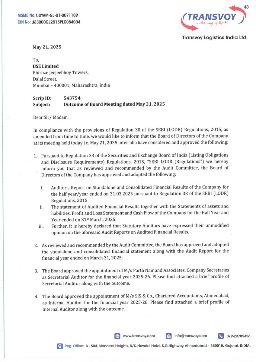 nileshkurhade's tweet photo. 📌 Transvoy Logistics India Ltd informed the exchange about its approval for the financial results for the period ended March 31, 2025. #SME #TRANSVOY 📄🧾 https://t.co/Nt1KJfUlJ8