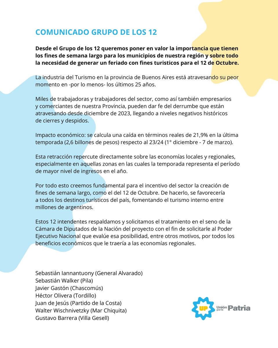 Desde el Grupo de los 12 respaldamos y solicitamos el tratamiento en <a href="/DiputadosAR/">Diputados Argentina</a> del proyecto para solicitarle al Ejecutivo Nacional que evalúe generar el fin de semana largo de Octubre, para potenciar el turismo y las economías regionales. #12DeOctubreFindeLargo
