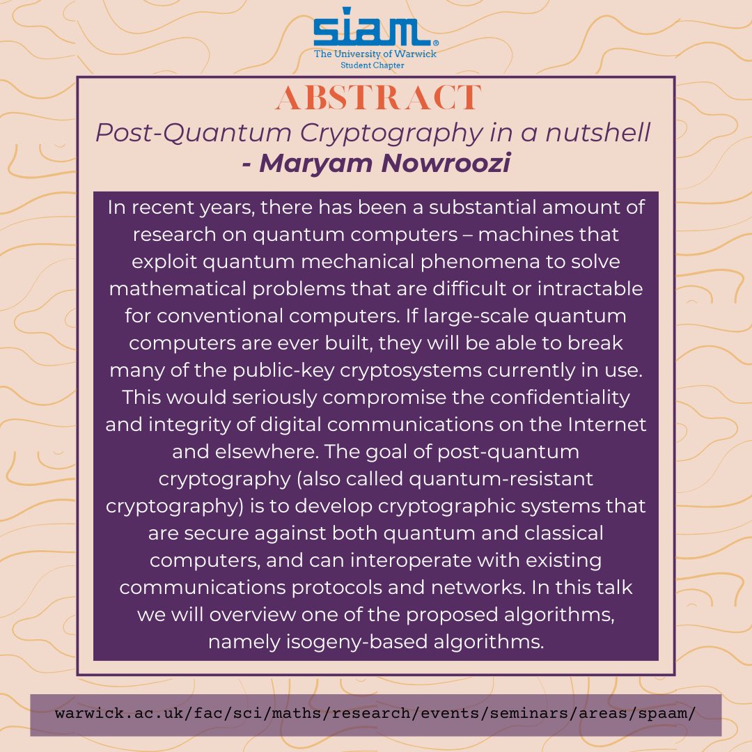 The SPAAM seminar tomorrow will be presented by Nathan Doyle (MathSys, Warwick) and Maryam Nowroozi (Maths, Warwick).

Visit our websites (link in bio) to find out more about the chapter and our events!