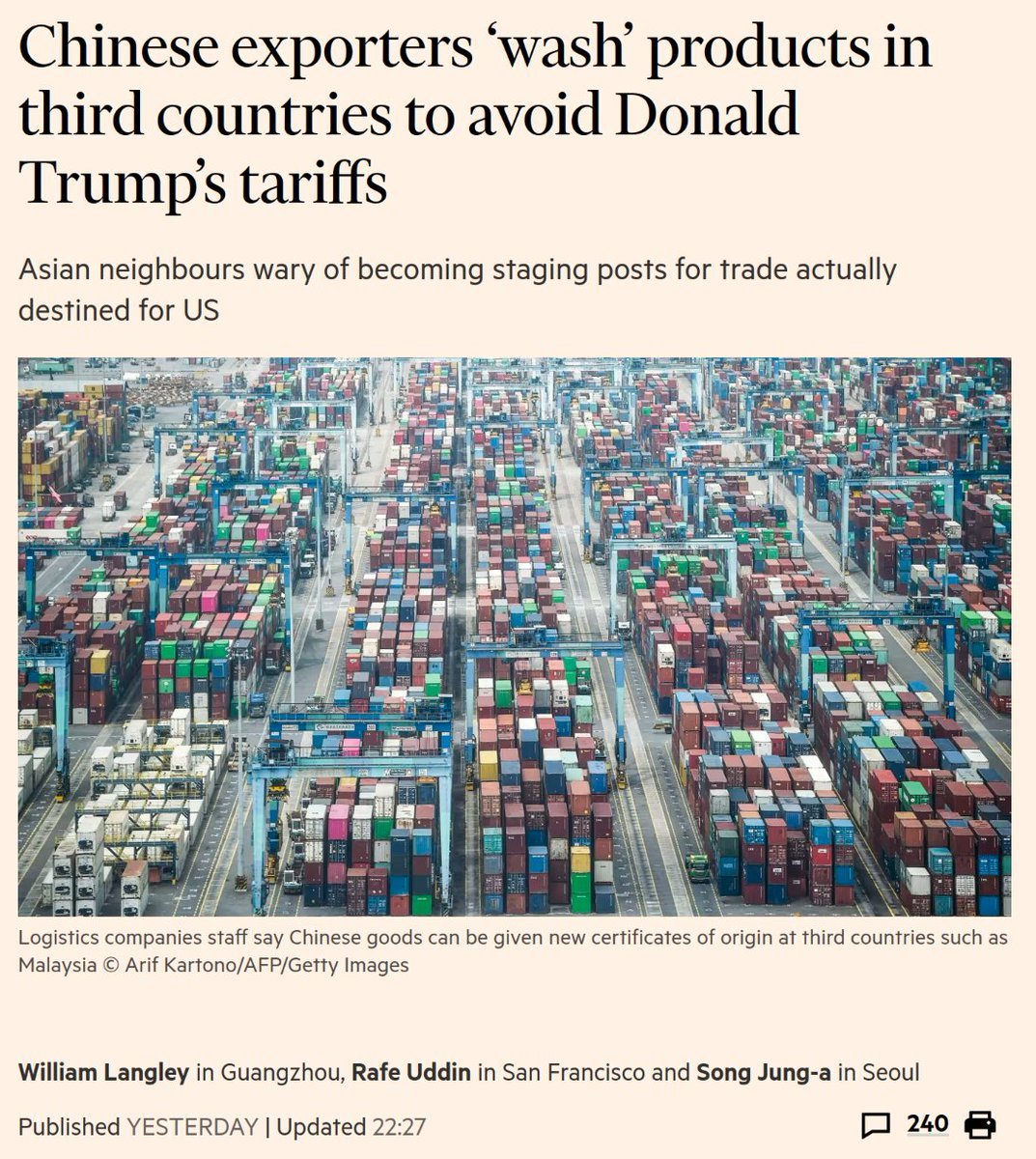 🚨 Les chinois fraudent MASSIVEMENT les droits de douane de Trump !

La combine est connue :

👉 Création de sociétés écrans qui importent
👉 Sous-déclaration délibérée de la valeur des biens 
👉 Modification des étiquettes pour des tarifs réduits 👉 Disparition des sociétés