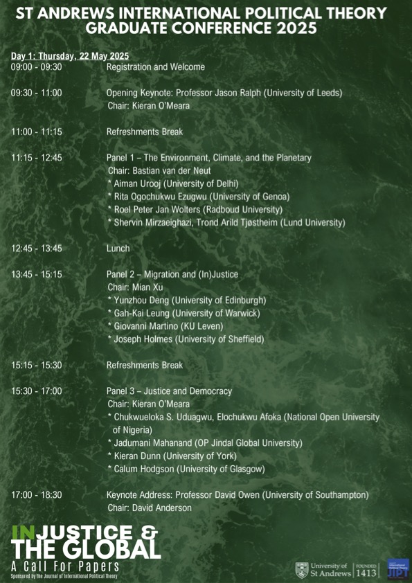 StAndrewsIPT's tweet image. Our 13th annual St Andrews Graduate Conference in International Political Theory begins tomorrow! Featuring 5 panels of excellent postgrad papers, alongside our three keynote speakers: Jason Ralph, Lisa Tilley and David Owen!
To attend online email iptconf@st-andrews.ac.uk