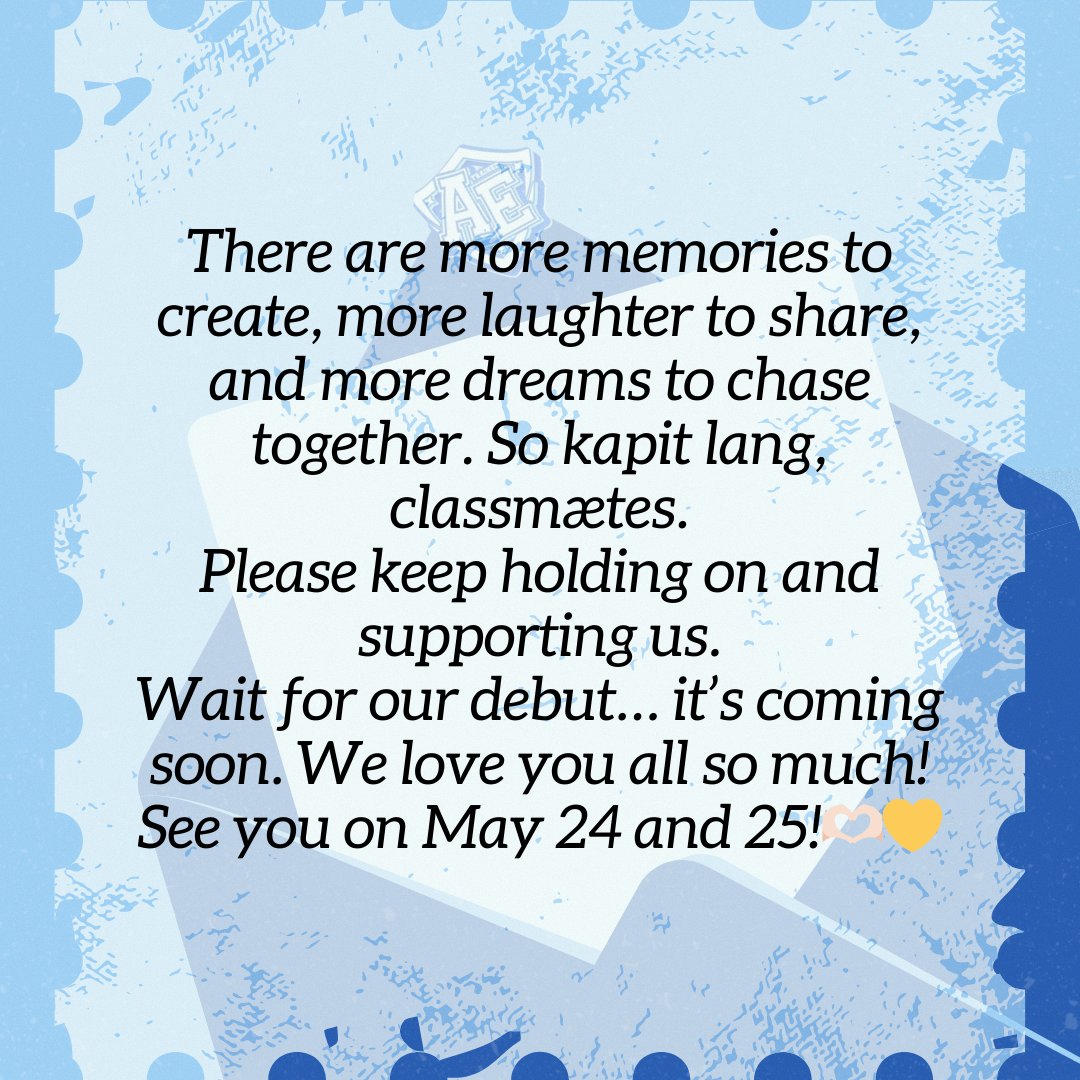 [#TRAINEEAE_JAY] MÆSSAGE

Hello Classmaetes!

Today, we celebrate not just the 3rd Monthsary of Trainee AE, but also the day our Classmaetes family began.

Through every step, your love and support have been our strength—and now, Trainee AE has a heartfelt message just for you.