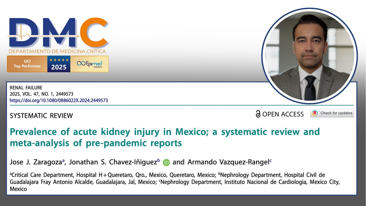 📄 𝙿𝚞𝚋𝚕𝚒𝚌𝚊𝚌𝚒ó𝚗
“En México, 1 de cada 3 pacientes hospitalizados sufre lesión renal aguda (AKI) y casi la mitad de quienes requieren TRR fallecen.”

Felicidades a:
<a href="/zaragozagalvan/">Pepe Zaragoza</a> &amp; Cols.
#TeamDMC

👉 pubmed.ncbi.nlm.nih.gov/39884733/

#MedCritMx 🇲🇽
#MedCritHmás 🧡