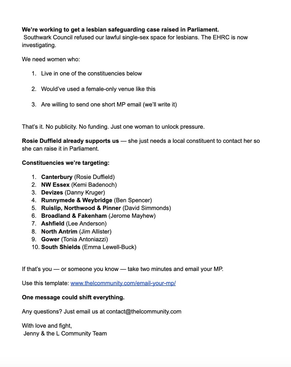 Jenny Watson (@dnalerinrehtron) on Twitter photo Southwark Council blocked our lawful female-only lesbian venue.
Now platforms are deleting our events โ blacking us out.
<a href="/EHRC/">EHRC</a> is investigating.
Weโre not backing down. Weโre dragging this into the chamber.
One woman. One email could flip everything.
๐ thelcommunity.com/email-your-mp/ Southwark Council blocked our lawful female-only lesbian venue.
Now platforms are deleting our events โ blacking us out.
<a href="/EHRC/">EHRC</a> is investigating.
Weโre not backing down. Weโre dragging this into the chamber.
One woman. One email could flip everything.
๐ thelcommunity.com/email-your-mp/