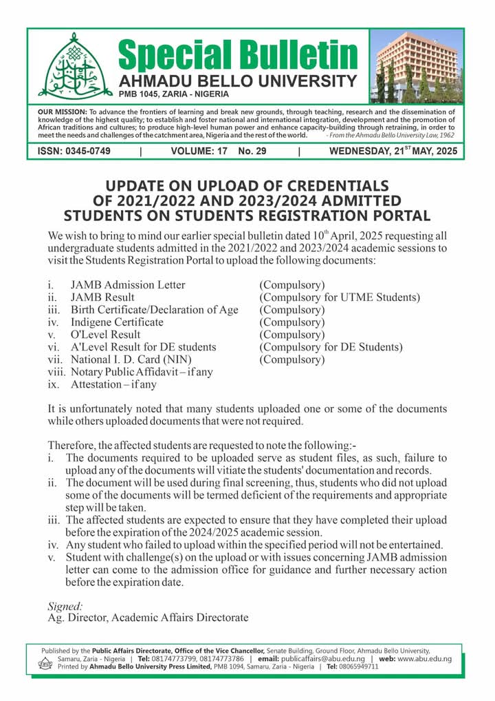 The Abusites™ (@theabusite) on Twitter photo UPDATE ON UPLOAD OF CREDENTIALS OF 2021/2022 AND 2023/2024 ADMITTED STUDENTS ON STUDENTS REGISTRATION PORTAL <a href="/ABU_Campus/">ABU Campus Connect </a> UPDATE ON UPLOAD OF CREDENTIALS OF 2021/2022 AND 2023/2024 ADMITTED STUDENTS ON STUDENTS REGISTRATION PORTAL <a href="/ABU_Campus/">ABU Campus Connect </a>