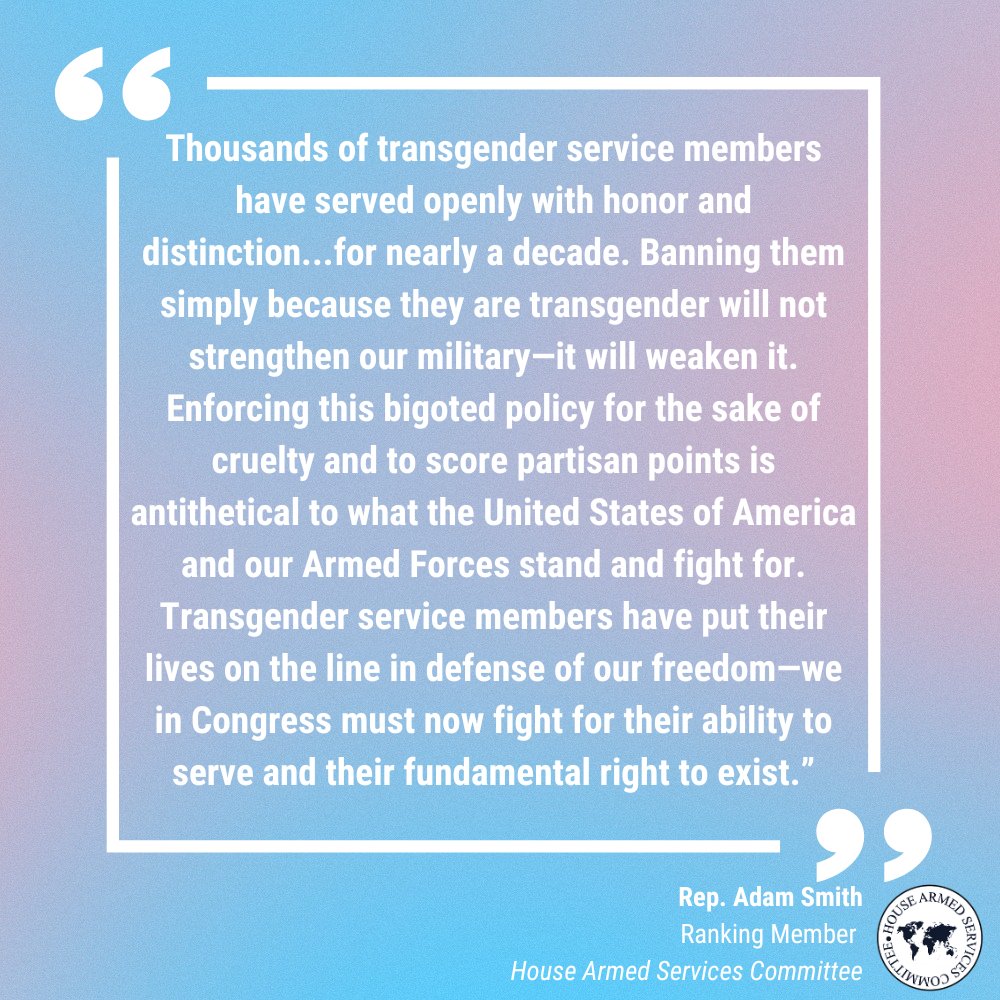 House Armed Services Democrats (@hascdemocrats) on Twitter photo .<a href="/HASCDemocrats/">House Armed Services Democrats</a> Ranking Member <a href="/RepAdamSmith/">Rep. Adam Smith</a> was joined by <a href="/EqualityCaucus/">Congressional Equality Caucus</a> Chairman <a href="/RepMarkTakano/">Mark Takano</a> and <a href="/RepHoulahan/">Chrissy Houlahan</a>, <a href="/RepSaraJacobs/">Congresswoman Sara Jacobs</a>, and <a href="/RepEricSorensen/">Congressman Eric Sorensen</a> today in introducing the Fit To Serve Act, affirming the rights of transgender people to serve in the United States Armed .<a href="/HASCDemocrats/">House Armed Services Democrats</a> Ranking Member <a href="/RepAdamSmith/">Rep. Adam Smith</a> was joined by <a href="/EqualityCaucus/">Congressional Equality Caucus</a> Chairman <a href="/RepMarkTakano/">Mark Takano</a> and <a href="/RepHoulahan/">Chrissy Houlahan</a>, <a href="/RepSaraJacobs/">Congresswoman Sara Jacobs</a>, and <a href="/RepEricSorensen/">Congressman Eric Sorensen</a> today in introducing the Fit To Serve Act, affirming the rights of transgender people to serve in the United States Armed