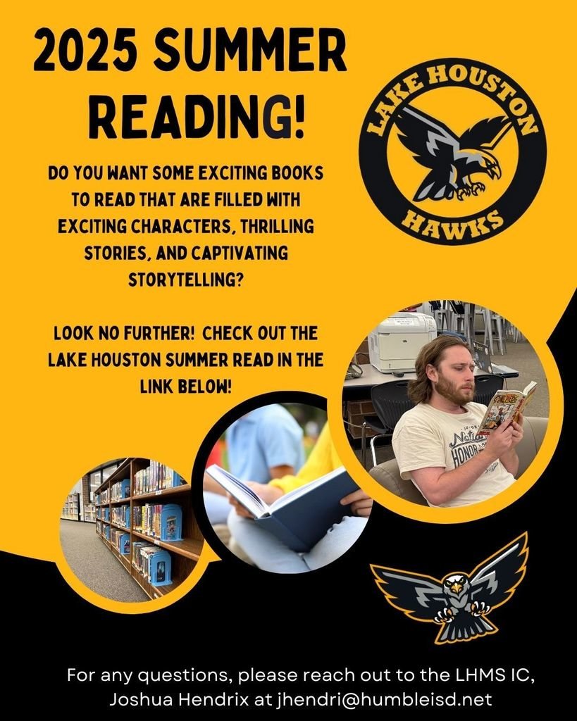 HumbleISD_LHMS's tweet photo. Discover the LHMS Summer Reading Program for 2025! Click the link below to view the Summer Reading 2025 flyer and unlock your grade level's exciting reading list—a wonderful opportunity to embrace new adventures through books!
Flyer Link: https://t.co/V7vlX4BLza https://t.co/EVZxuYTydr